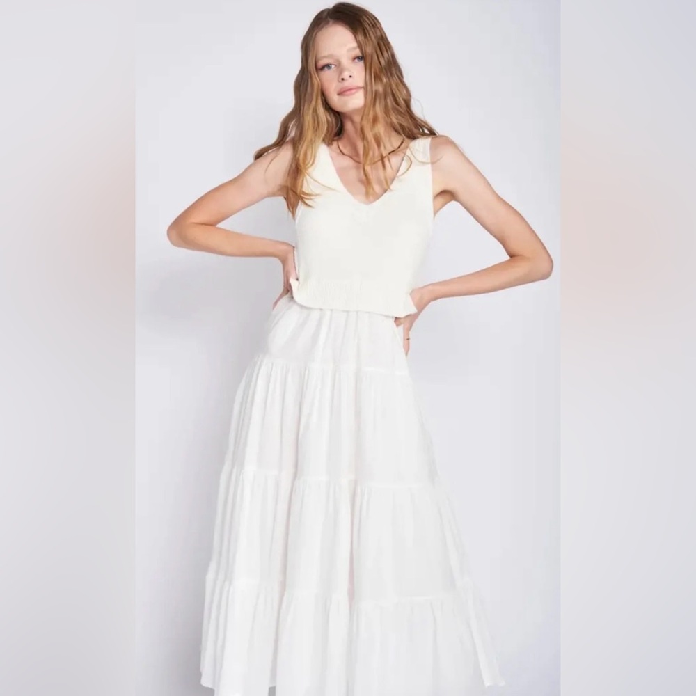 EN SAISON‎ White Tiered Maxi Dress Knit Tank Bodice Tiered Skirt Boho Large